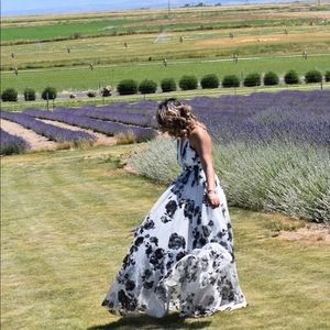 White with black suede roses dress